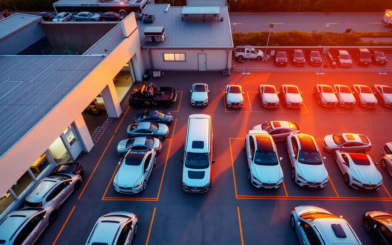 Dealership lot at golden hour