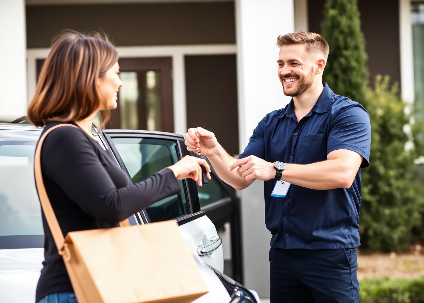 Driver handing over car keys to a customer at their home